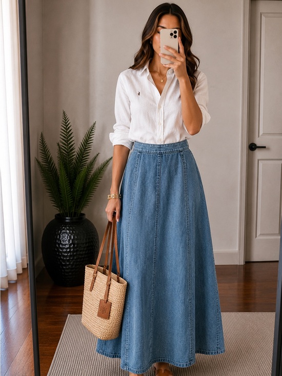 Vintage Dresses & Skirts - Vintage Coastal Grandma Denim Maxi Skirt A-Line | Elastic Preppy Cottage S 4/6